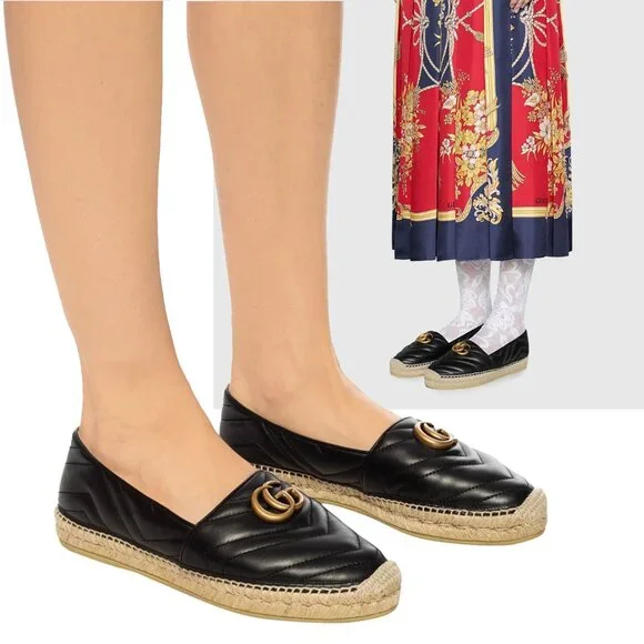 GUCCI SHOES FLATS MARMONT DOUBLE GG LEATHER ESPADRILLE sz 37 US 7 - Picture 1 of 15